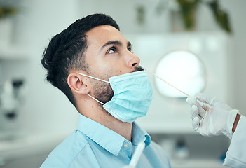 Image showing Medical, pcr and research with man and doctor for vaccine, science and dna test. Pharmacy, medicine and healthcare consulting with patient and cotton swab for virus, pathology exam and diagnosis