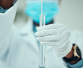 Image showing Medical, pcr and dna with hands of doctor for vaccine research, science and test. Pharmacy, medicine and healthcare with closeup of person and cotton swab for virus, pathology exam and diagnosis