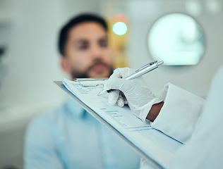 Image showing Patient, hands or doctor writing medical information, notes or history record for hospital paperwork. Clipboard, consultation or nurse with documents for prescription, diagnosis or healthcare advice