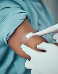 Image showing Plaster, vaccine and hands of doctor with patient with bandage for flu shot, injection and immunity. Healthcare, hospital and closeup of arm of person for medicine, vaccination and virus protection