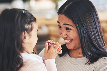 Image showing Smile, love and playful with mother and daughter on sofa for happy, care and support. Funny, calm and relax with woman and young girl embrace in living room of family home for peace, cute and bonding