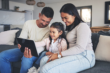 Image showing Happy family, girl or parents with tablet for elearning, info or studying for education or remote learning at home. Child development, dad or mom with kid reading online ebook or news on social media