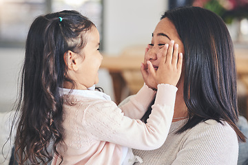 Image showing Smile, happy and playful with mother and daughter on sofa for love, care and support. Funny, calm and relax with woman and young girl embrace in living room of family home for peace, cute and bonding