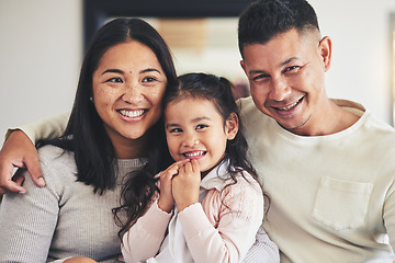 Image showing Smile, love and relax with family on sofa for happy, bonding and support. Hug, happiness and lounge with Mexico parents with child and embrace in living room at home for calm, cheerful and peace