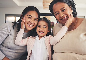 Image showing Smile, women and generations with portrait of family on sofa for happy, bonding and support. Hug, relax and grandparent with mother and child in living room at home for calm, cheerful and peace