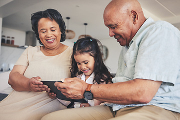 Image showing Happy family, child or grandparents with tablet for elearning or studying for education or remote learning at home. Development, grandfather or grandma with girl reading online ebook or playing games