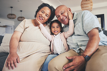 Image showing Smile, love and portrait of grandparents and child on sofa for happy, bonding and support. Hug, happiness and relax with Mexico family and embrace in living room at home for calm, cheerful and peace