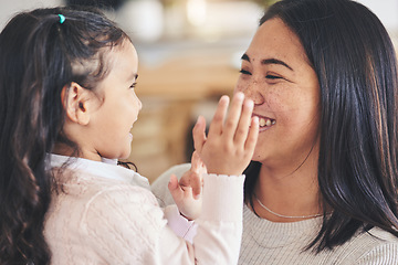 Image showing Love, happy and playful with mother and daughter on sofa for smile, care and support. Funny, calm and relax with woman and young girl embrace in living room of family home for peace, cute and bonding