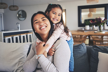 Image showing Hug, smile and portrait of mother and daughter on sofa for love, care and support. Happy, calm and relax with woman and young girl embrace in living room of family home for peace, cute and bonding