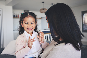 Image showing Love, smile and portrait of mother and daughter on sofa for playful, care or support. Happy, calm and relax with woman and young girl embrace in living room of family home for peace, cute and bonding