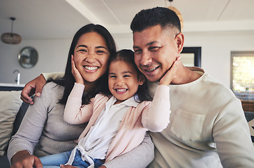 Image showing Happy, love and relax with family on sofa for smile, bonding and support. Hug, happiness and lounge with Mexico parents with child and embrace in living room at home for calm, cheerful and peace