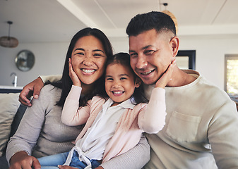 Image showing Smile, hug and relax with family on sofa for happy, bonding and support. Love, happiness and lounge with Mexico parents with child and embrace in living room at home for calm, cheerful and peace