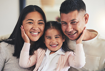 Image showing Smile, love and portrait with family on sofa for happy, bonding and support. Hug, happiness and lounge with Mexico parents with child and embrace in living room at home for calm, cheerful and peace