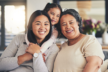 Image showing Happy, women and generations with portrait of family on sofa for smile, bonding and support. Hug, relax and grandparent with mother and child in living room at home for calm, care and peace together