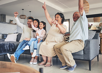 Image showing Happy family, child or grandparents in celebration for a goal in home living room watching tv together. Grandfather, score or excited mom cheering with dad, child or grandmother for sports success