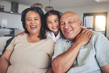 Image showing Smile, hug and portrait of grandparents and child on sofa for happy, bonding and support. Love, happiness and relax with Mexico family and embrace in living room at home for calm, cheerful and peace