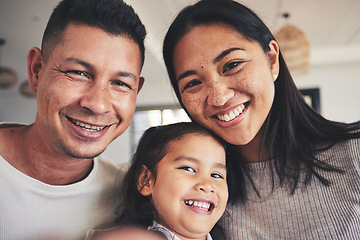 Image showing Selfie, happy and portrait of a child with her parents bonding in the living room of their home. Smile, love and girl kid taking a picture with her interracial mother and father at their family house