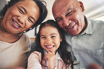 Image showing Portrait, selfie or happy grandparents with girl child in living room bonding together as a family in Mexico. Profile picture, faces or grandmother with grandfather or kid at home on holiday vacation