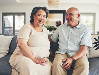 Image showing Home, happy and senior couple on a couch, love and romance with retirement, funny and affection. Romantic, happy old woman and elderly man on a sofa, smile and bonding with care, marriage and support