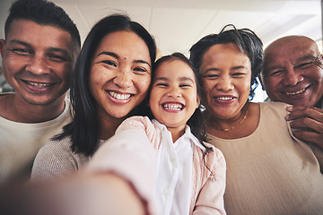 Image showing Portrait, happy or grandparents selfie with child in big family for memory or bonding together in Mexico. Dad, mom or faces of grandmother taking photo with fun grandfather, grandma or kid at home