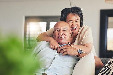 Image showing Portrait, senior or happy couple hug to relax on house sofa bonding with trust, love or loyalty together. Smile, joy or mature woman with support, care or elderly man on couch at home in retirement