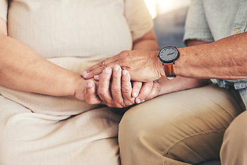 Image showing Retirement, holding hands or old couple for hope, support or loyalty in marriage commitment at home. Zoom, comfort or senior man bonding to relax with an elderly woman on anniversary for love or care