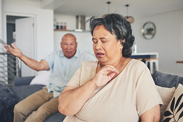 Image showing Fight, divorce or frustrated old couple argue with stress for marriage problem, breakup or bad communication. Shouting, home or angry senior people in conflict or betrayal of cheating crisis or drama