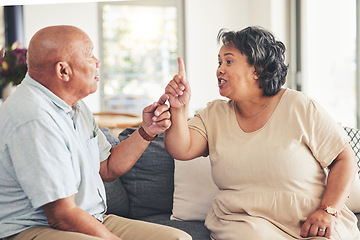 Image showing Fight, divorce or angry old couple argue with stress for marriage problem, breakup or bad communication. Shouting, home or frustrated senior people in conflict or betrayal of cheating crisis or drama