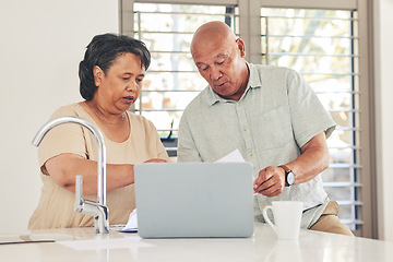 Image showing Laptop, planning and finance with old couple in kitchen for budget report, payment and mortgage. Accounting, online banking and savings with senior man and woman for investment, retirement and taxes