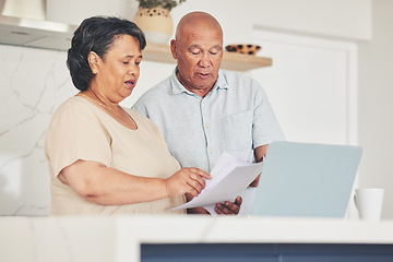 Image showing Laptop, documents and finance with old couple in kitchen for budget report, payment and mortgage. Accounting, online banking and savings with senior man and woman for investment, retirement and taxes