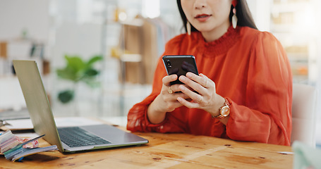 Image showing Woman, hands and smartphone for typing, connection and communication with social media, chatting and sms. Laptop, hand and female person with cellphone, mobile app and network for texting or message