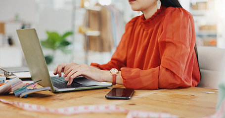 Image showing Laptop, typing and woman hands planning, online research and brainstorming ideas for remote work opportunity. Closeup of young person notebook and computer for copywriting inspiration in creative job