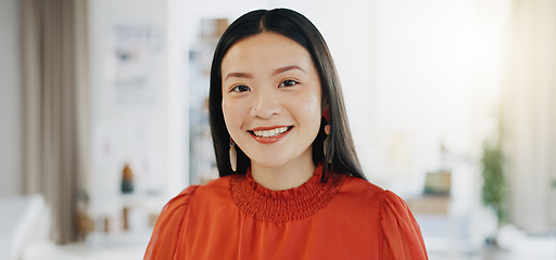 Image showing Face, happy and business woman on office, confident and empowered against a blurred background. Portrait, leader and female startup owner in Japan for career, goal and mission, vision and positivity