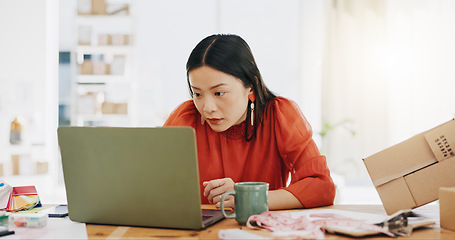 Image showing Thinking, concentrating and laptop with business woman for planning, research and idea. Technology, question and inspiration with employee at desk for solution, designer and creative in startup