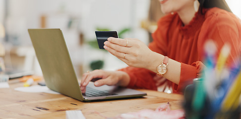 Image showing Woman hands, credit card and laptop for business online shopping, trading or fintech payment in office startup. Professional person typing bank information on computer for website loan or transaction