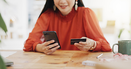 Image showing Woman hands, credit card and phone for business online shopping, trading or fintech payment in office startup. Professional person typing bank information on cellphone for website loan or transaction