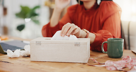 Image showing Tissue, blowing nose and sick Asian woman in office with sinus infection, virus and allergy symptoms. Business, corporate workplace and female worker at desk with cold, fever problem and flu sickness