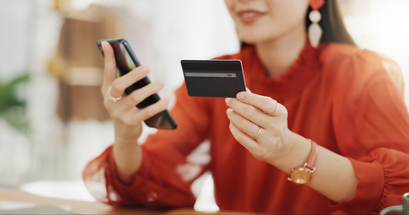 Image showing Happy woman, credit card and phone for business online shopping, trading or fintech payment in office startup. Asian fashion person with bank information on cellphone for website loan or transaction