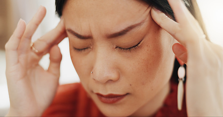 Image showing Stress, headache and business woman in a laptop if office, unhappy and anxiety on blurred background. Migraine, burnout and stress asian female entrepreneur frustrated with glitch, internet in Japan