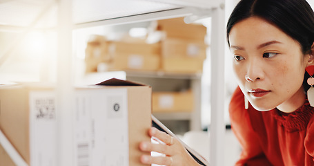 Image showing Stock, planning and logistics with asian business owner doing inventory and ecommerce orders on tablet in office warehouse. Retail, management and woman factory manager writing list for shipping box