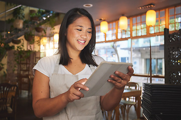 Image showing Restaurant, tablet and woman for online for service, inventory and check food menu. Coffee shop, small business and happy waitress, barista or manager on digital tech for cafe website or payment app