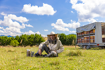 Image showing Portrait of a beekeeper in a protective uniform