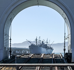 Image showing Old Port Gate and ship