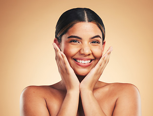 Image showing Skincare, smile and hands on woman face in studio for cosmetic, wellness and dermatology on brown background. Beauty, portrait and lady model happy with glowing skin, results or self love cosmetology