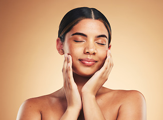 Image showing Skincare, beauty and face of woman with eyes closed for wellness, health and facial care in studio. Dermatology, spa touch and natural person on brown background in cosmetics, glow and satisfaction