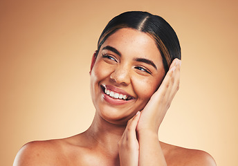 Image showing Beauty, smile and woman in studio for skincare with hands on face for cosmetic results on brown background. Happy, wellness and lady model touch glowing skin, cosmetology or dermatology satisfaction