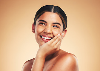 Image showing Skincare, beauty and face of woman with smile for wellness, health and facial care in studio. Dermatology, spa and happy person on brown background in cosmetics, makeup and touch for satisfaction