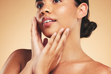 Image showing Skincare, beauty and face of woman with hands for wellness, health and facial care in studio. Dermatology, spa and natural person on brown background in cosmetics, glow and touch for satisfaction