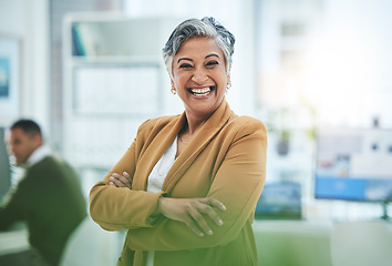 Image showing Portrait, mature woman and manager with arms crossed in office, workplace and confident in working for professional startup. Happy, smile and person or ceo with pride and happiness in Egypt business