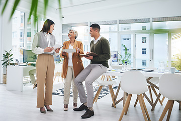 Image showing CEO, documents or funny business people in meeting laughing at joke in discussion with paperwork. Collaboration, leadership or happy mentor talking or speaking of ideas in agency to team of employees